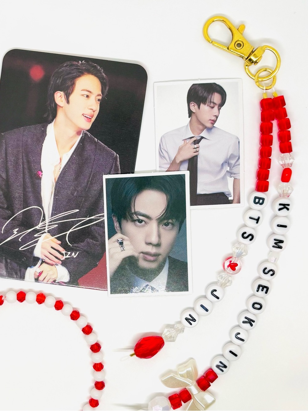 (6pcs) BTS JIN BEADED BRACELET KEYCHAIN PHOTOCARDS STICKERS BUNDLE - Picture 2 of 8